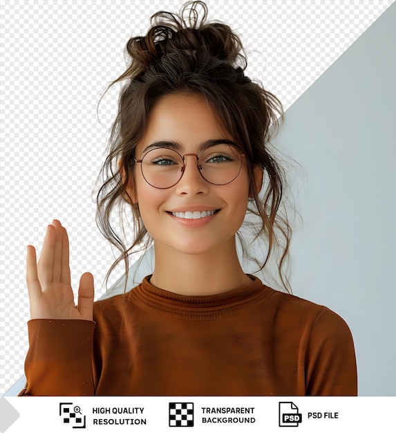 Arrière-plan Transparent Avec Isolé Heureux Amical Fille Lunettes Portant Le Haut Brun Vagues Palme Dans Bonjour Exprime Des émotions Positives Studio Tourné