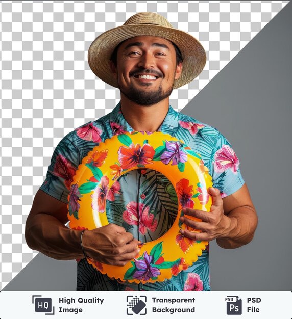 PSD arrière-plan transparent avec isolé plein corps jeune souriant joyeux amusant cool touriste homme porter chemise de plage chapeau tenir bague gonflable regarder caméra studio portrait vacances d'été repos de mer