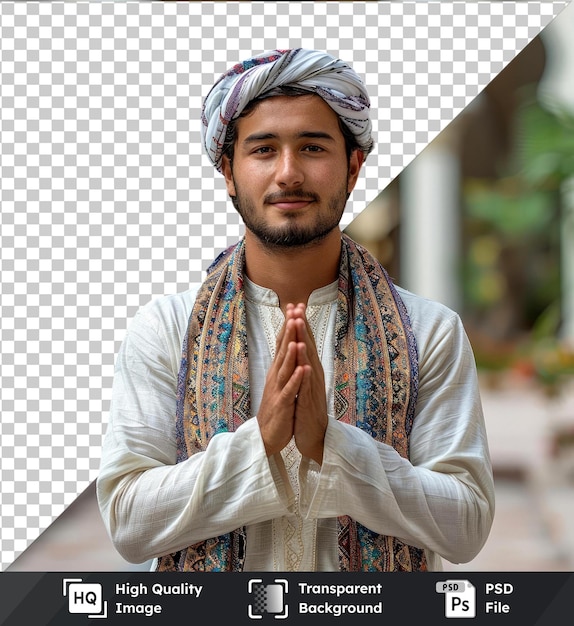 PSD arrière-plan transparent avec un jeune homme islamique isolé portant un turban