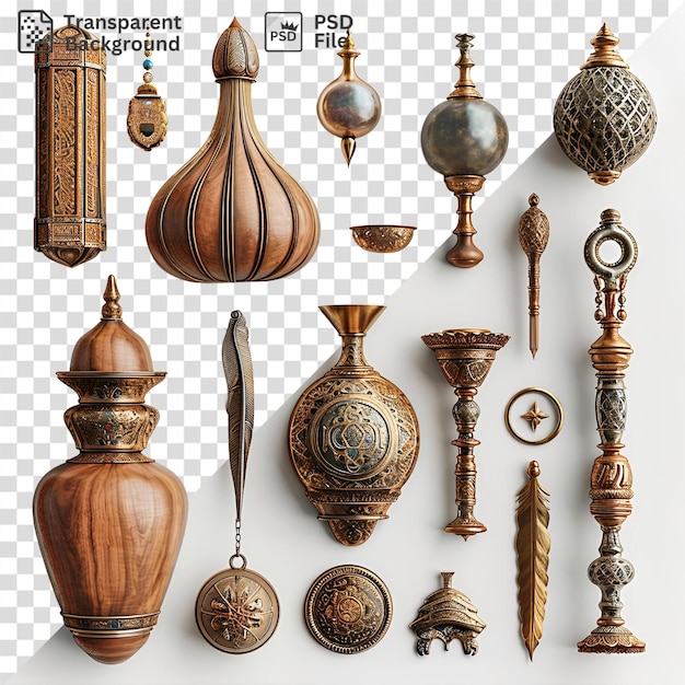 PSD arrière-plan transparent avec des objets lunaires islamiques isolés un vase brun une horloge en or et un vase en or et brun