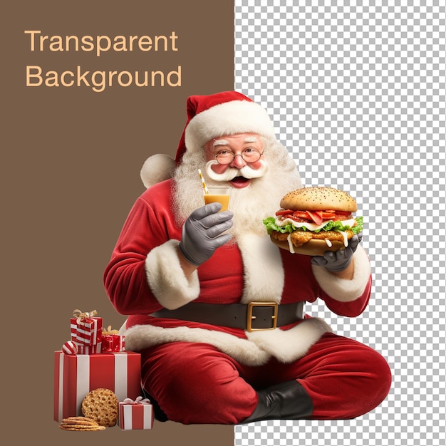 Arrière-plan transparent Le Père Noël mangeant un hamburger