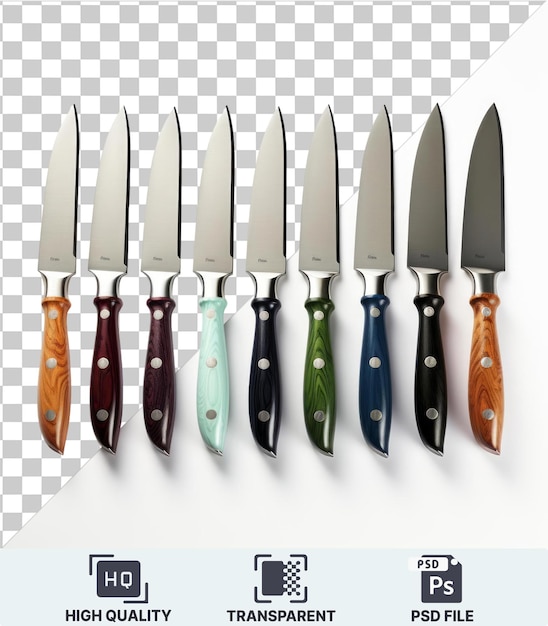 PSD arrière-plan transparent avec photographique réaliste isolée set de couteau culinaire du chef une collection de couteaux de différentes couleurs et styles