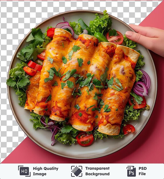 PSD arrière-plan transparent plateau psd d'enchiladas surmonté d'oignons violets et rouges laitue verte et tomate rouge tranchée tenu par une main avec un pouce visible