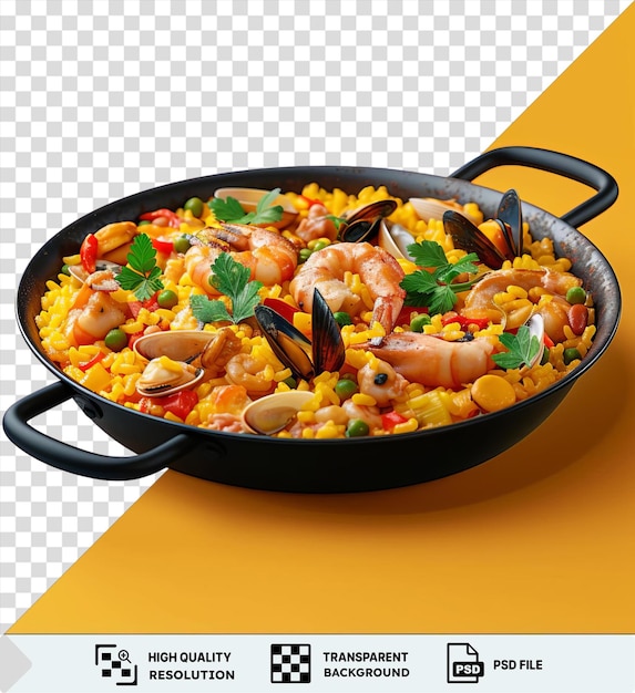 PSD arrière-plan transparent poêle grillé de paella avec du maïs de crevettes et des feuilles vertes avec des poignées noires visibles au premier plan