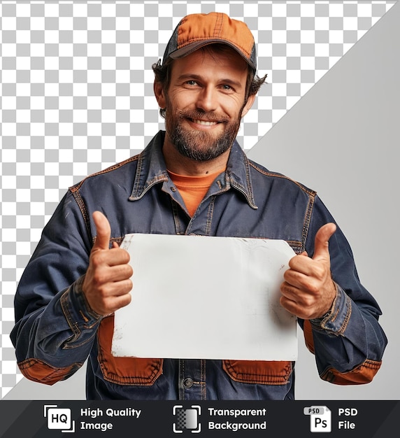 PSD arrière-plan transparent portrait de mécanicien masculin avec une pancarte blanche faisant des gestes avec les pouces vers le haut portant une veste bleue et un chapeau orange avec une barbe brune et un grand nez debout devant un