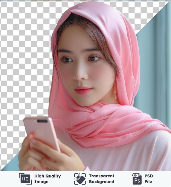 PSD arrière-plan transparent portrait psd belle jeune femme asiatique utilise un téléphone portable intelligent dans la pièce