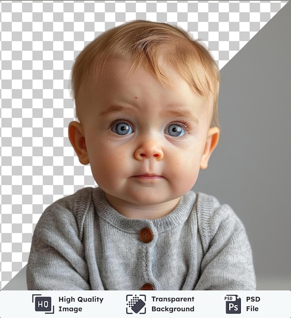 PSD arrière-plan transparent portrait en psd d'un jeune bébé avec une expression sérieuse avec de petites oreilles, des yeux bleus, des cheveux blonds et un petit nez portant un pull gris avec des boutons bruns