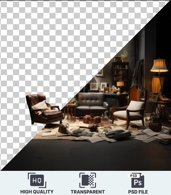 PSD arrière-plan transparent avec production de théâtre professionnelle isolée et décor d'accessoires avec une chaise en bois et brune, un oreiller blanc, un mur gris et blanc, une chaise brune et en bois et une lampe