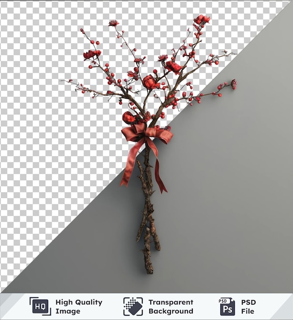 PSD arrière-plan transparent psd branche d'arbre festive ornée d'un arc et de fleurs avec un arc rouge et rose et une fleur rouge