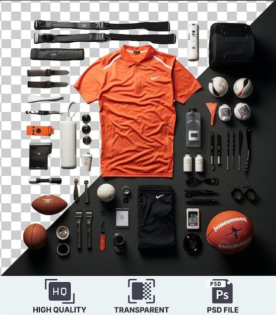 Arrière-plan Transparent Psd Collection De Souvenirs Sportifs Professionnels Avec Une Balle Brune Un Stylo Noir Une Chemise Orange Une Montre Argentée Et Noire Et Une Poignée Noire