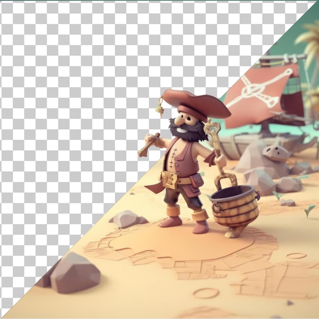 PSD arrière-plan transparent psd dessin animé pirate 3d à la recherche d'un trésor caché sur une île déserte