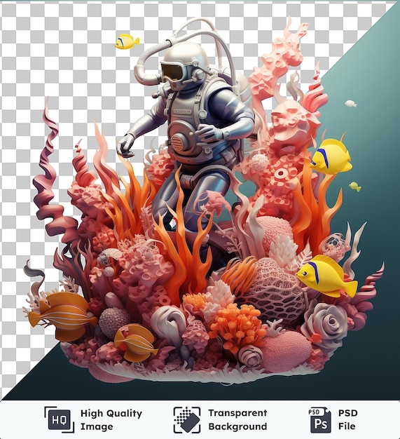 PSD arrière-plan transparent psd dessin animé de plongeur en 3d explorant un paradis sous-marin coloré