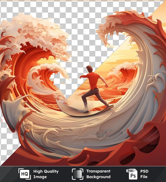 PSD arrière-plan transparent psd dessin animé de surfeur 3d attrapant une vague au coucher du soleil