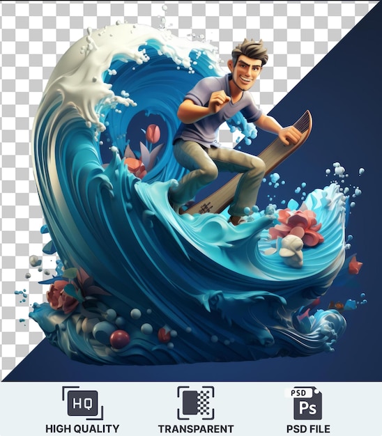 PSD arrière-plan transparent psd dessin animé de surfeur en 3d sur des vagues énormes