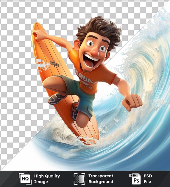 Arrière-plan Transparent Psd Dessin Animé De Surfeur En 3d Sur Les Vagues D'une Plage Tropicale