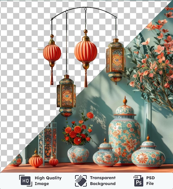 Arrière-plan Transparent Psd Eid Al Fitr Artisanat Traditionnel Exposé Sur Une Table En Bois Ornée D'une Variété De Fleurs Et De Lanternes Colorées, Y Compris Des Vases Rouge Orange Et Bleu Contre