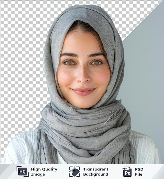 PSD arrière-plan transparent psd d'une étudiante islamique en chemise blanche et foulard gris avec des yeux bruns