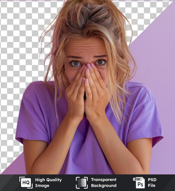 PSD arrière-plan transparent psd femme caucasienne portant un t-shirt violet couvrant son visage avec ses mains étant dévastée et pleurant concept triste