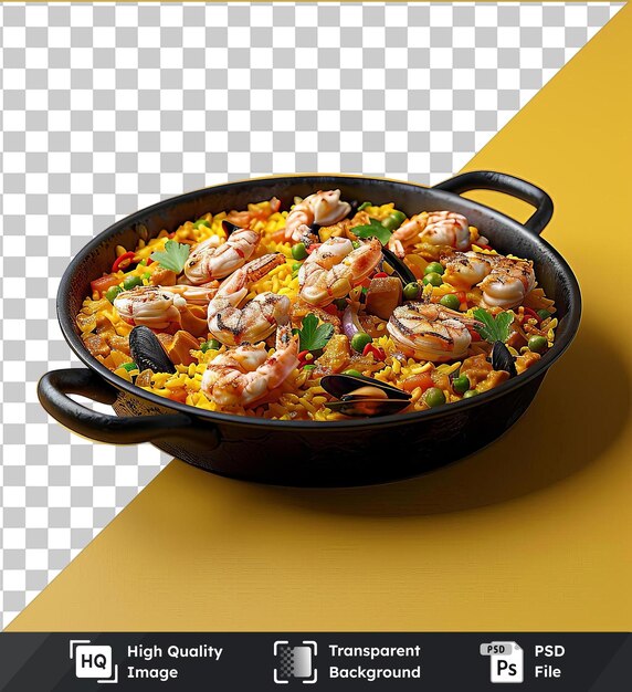 PSD arrière-plan transparent psd poêle brûlant de paella avec des crevettes servi sur une table jaune avec une cuillère noire et une poignée jetant une ombre noire