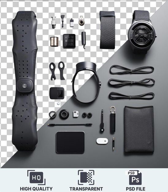 PSD arrière-plan transparent psd set de gadgets de fitness et de suivi de haute technologie avec une montre argentée et noire poignée noire et ciseaux noirs