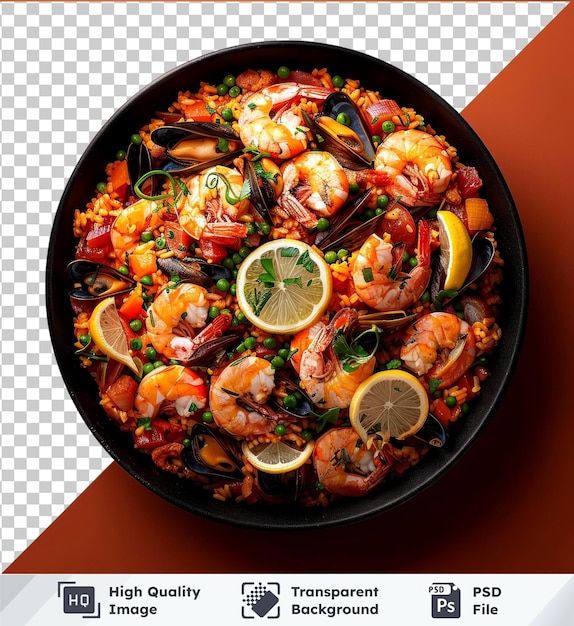 PSD arrière-plan transparent psd vue supérieure mock-up de paella de fruits de mer avec crevettes, citron et olives noires