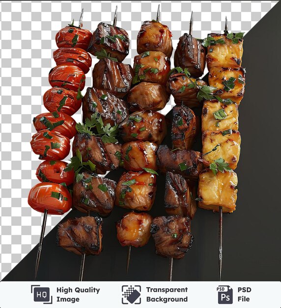 PSD arrière-plan transparent psd yakitori brochettes de viande et de légumes sur brochettes accompagnées d'une tomate rouge sur une table noire