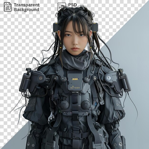 Arrière-plan Transparent Urbain Militaire Cybernétique Machine Robot Samouraï Belle Femme Modèle Moitié Longueur Du Corps Machine Avant Prise De Vue D'une Femme Avec Des Cheveux Noirs Et Un Pistolet Noir Debout Devant