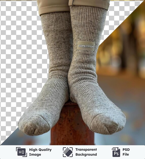 PSD arrière-plan transparent avec vue frontale isolée capturer une paire de chaussettes étiquette de matériau de coton beige et arbre flou au premier plan