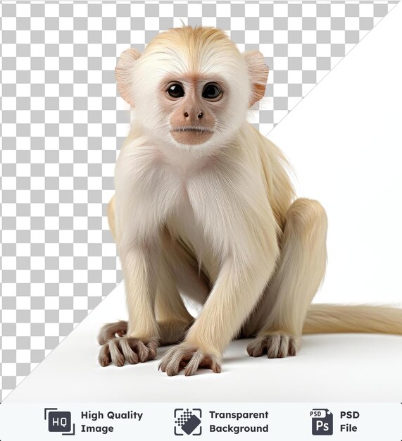 PSD arrière-plan transparent avec zoologiste photographique réaliste isolé _ s conservation de la faune un gros plan d'un singe blanc avec des yeux noirs une bouche fermée et une longue queue debout sur un blanc