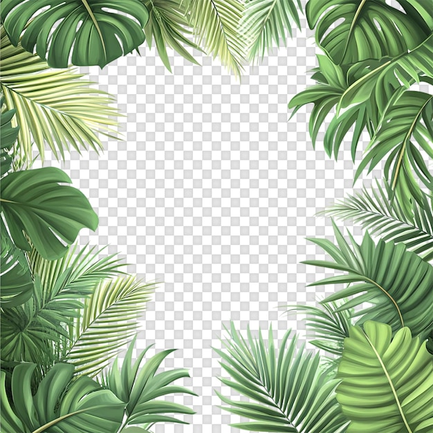 Arrière-plan tropical vert avec des feuilles de monstera et de palmiers à feuilles plates isolées sur un bac transparent