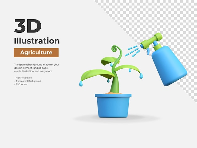 PSD arrosage des plantes avec de l'eau pulvérisée agriculture agriculture icône 3d illustration