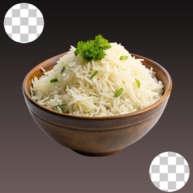 PSD arroz basmati blanco cocido fresco en una bandeja con fondo transparente