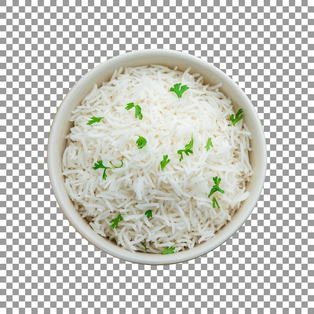 Arroz basmati branco cozido fresco em uma tigela branca com fundo transparente
