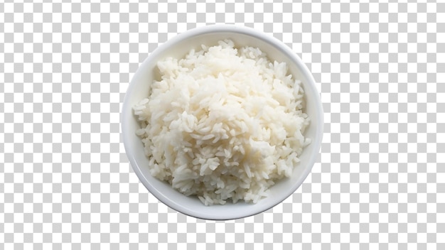 Arroz blanco cocido en un cuenco sobre un fondo transparente