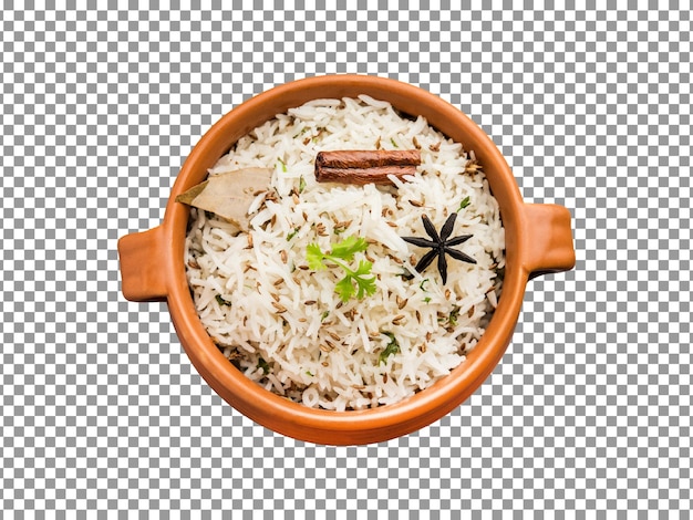 Arroz branco cozido em uma tigela de madeira isolada em fundo transparente