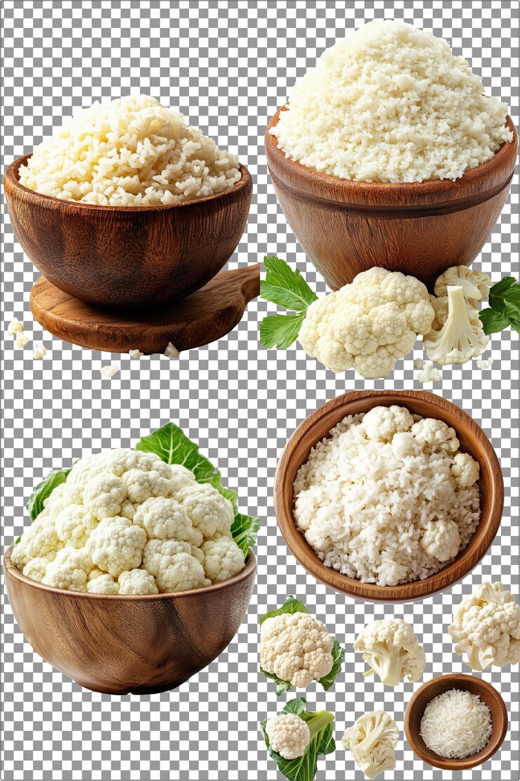Arroz de coliflor hiperrealista aislado PNG con fondo transparente claro muy detallado