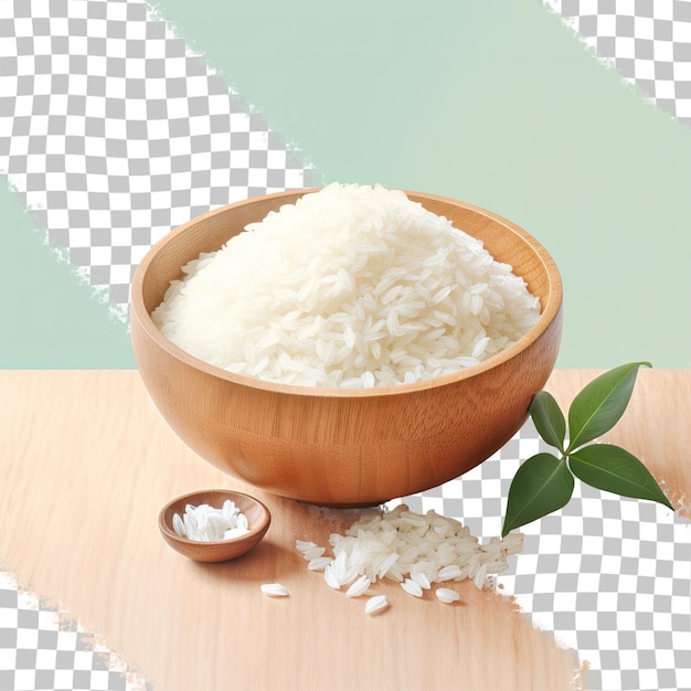 PSD arroz de jasmim servido em um fundo transparente de prato de madeira
