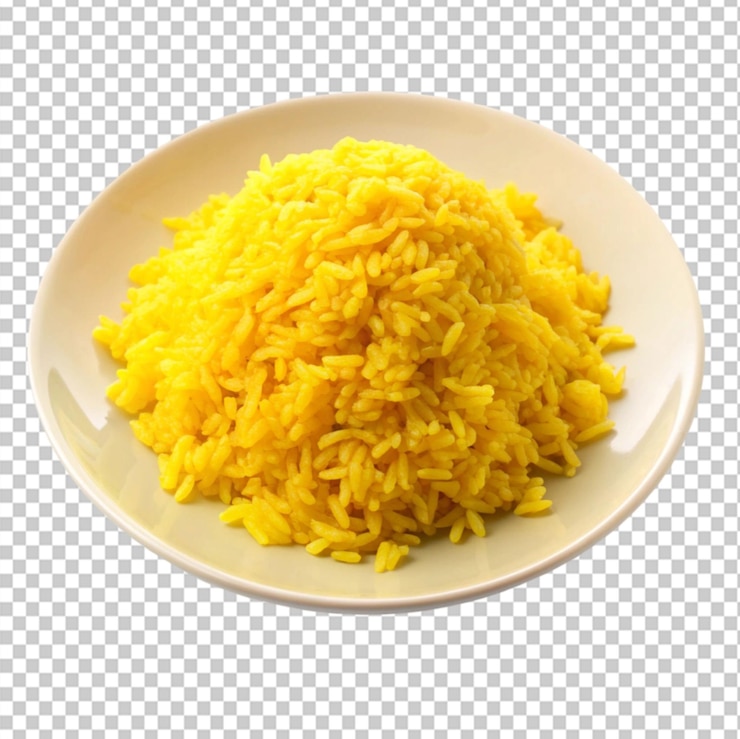 PSD arroz dulce amarillo en un plato sobre un fondo transparente