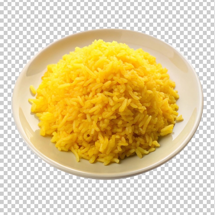 PSD arroz dulce amarillo en un plato sobre un fondo transparente