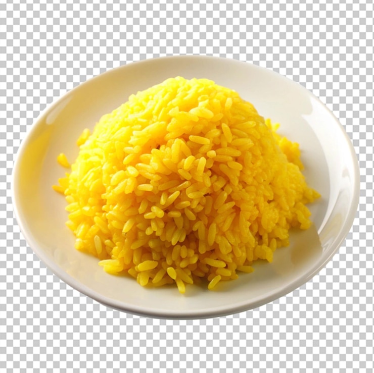 PSD arroz dulce amarillo en un plato sobre un fondo transparente