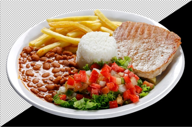 Arroz, frijoles, ensalada de cerdo a la parrilla y papas fritas