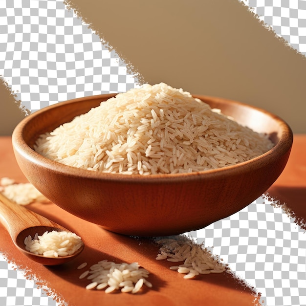 Arroz integral cru em uma tigela de fundo transparente