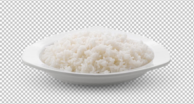 Arroz jazmín cocido en plato blanco en capa alfa