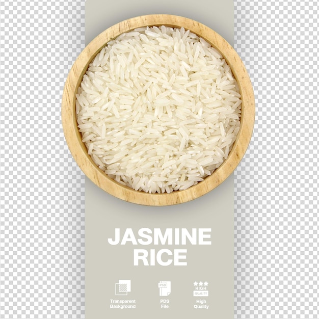 Arroz de jazmín en un cuenco de madera con fondo transparente