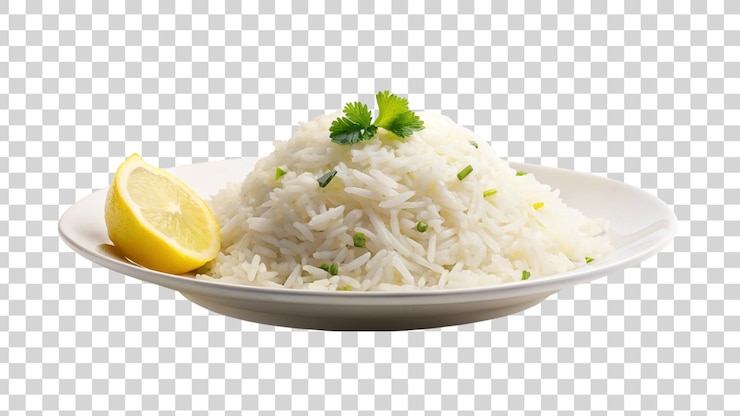 PSD arroz con limón en un plato blanco sobre un fondo transparente