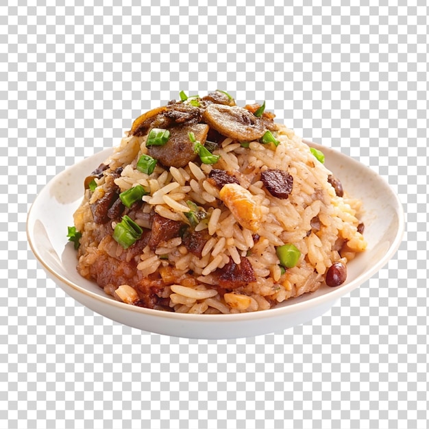 Arroz con setas en un cuenco aislado sobre un fondo transparente