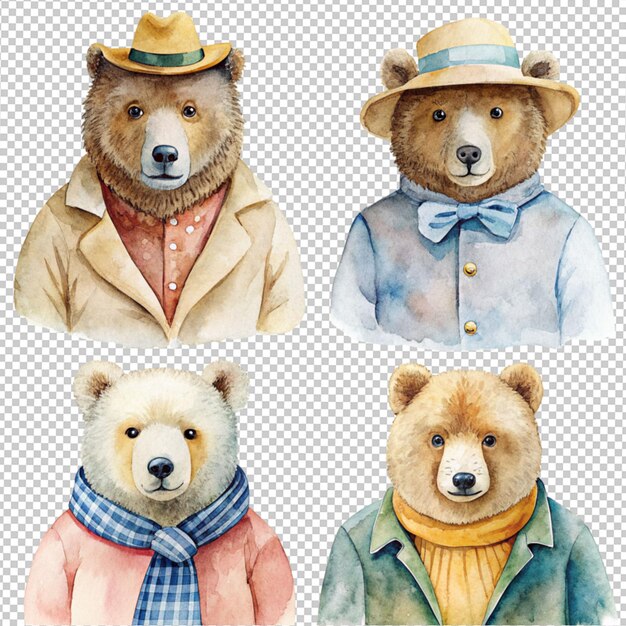 PSD l'art aquatique d'une collection d'ours d'hiver sur un fond transparent