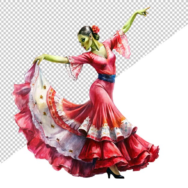 PSD l'art aquatique d'une danseuse de flamenco dans une belle robe sur un fond transparent