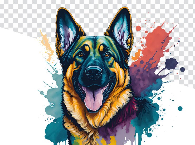 PSD art canin animé fond transparent aquarelle de berger allemand dans des couleurs vives
