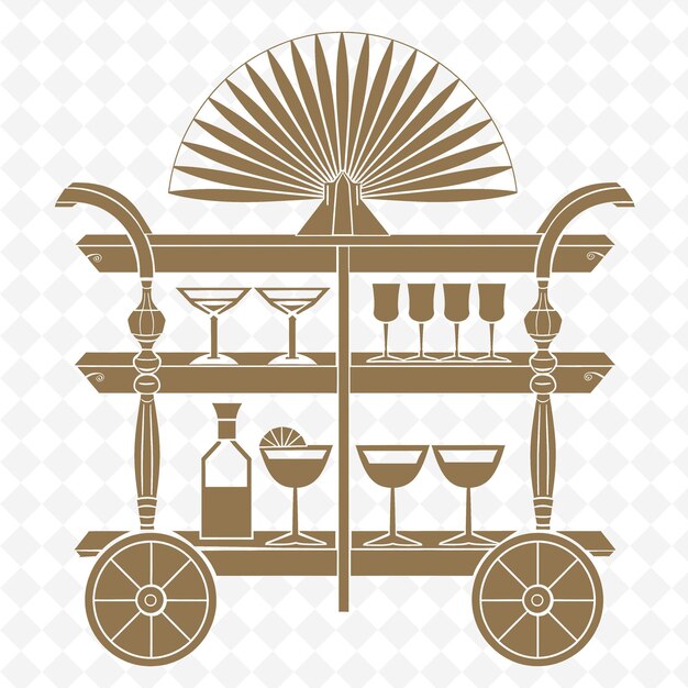 PSD art-deco-inspirierte bar-wagen-umriss mit sunburst-design und illustrations-dekorationsmotiven-sammlung